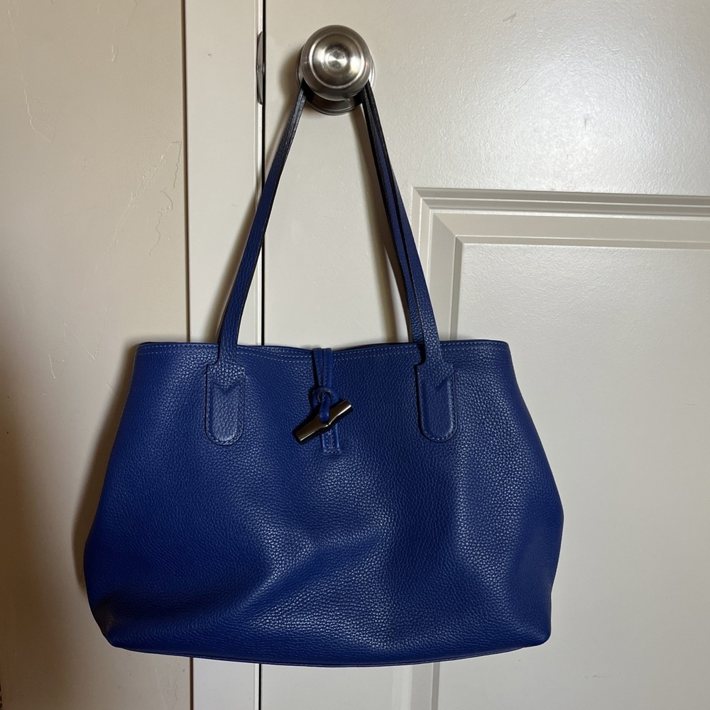 Longchamp Roseau Navy Blue Pebbled Leather Tote Bag Handbag Women